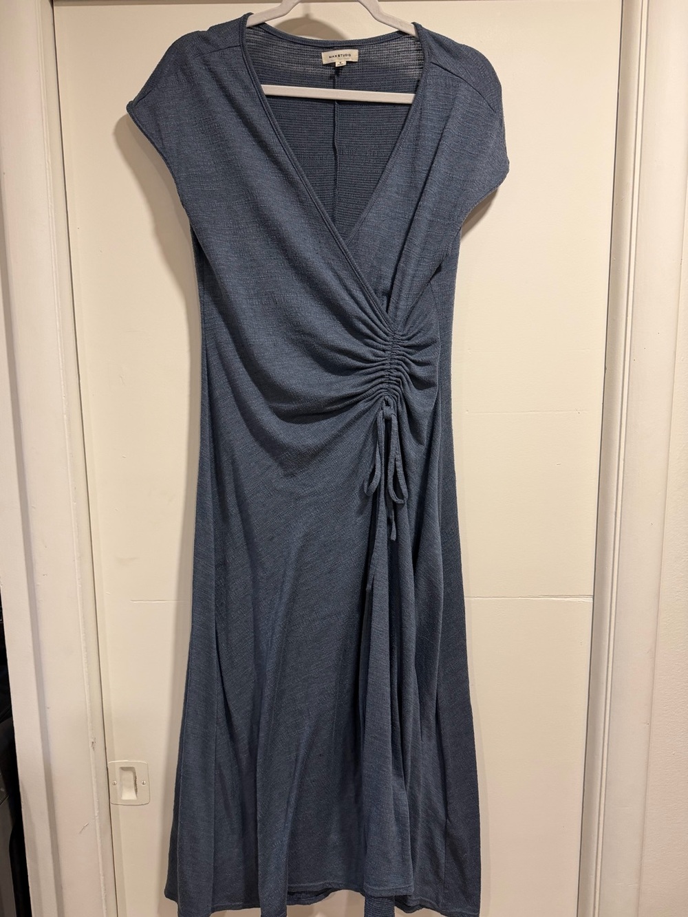 Max Studio Slate Blue Ruched Wrap Midi Dress